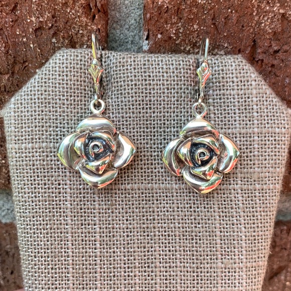 Vintage 925 3-D Flower Dangle Leverback Earrings - Picture 3 of 8